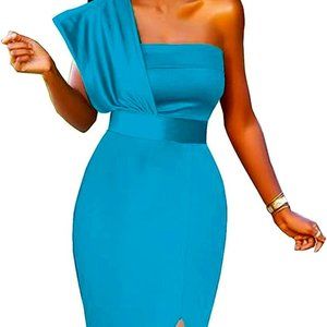 LILYIN (M) Elegant one Shoulder Ruched Banded Waist Slit Cocktail Pencil Dress
